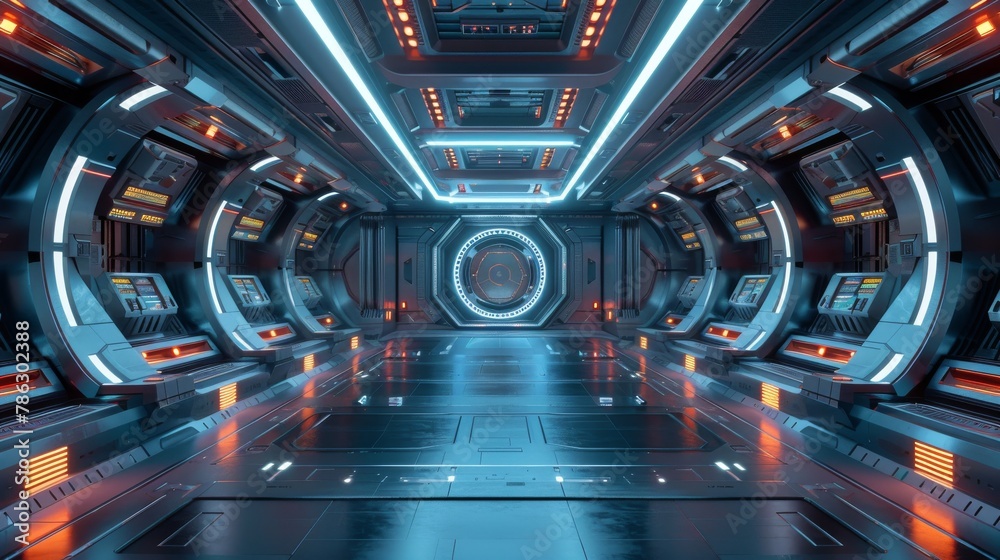 Poster spaceship interior architecture and podium for cyberpunk product presentation. technology and sci-fi