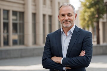 Male university professor standing with arms crossed confidently looking at the camera with copy space.