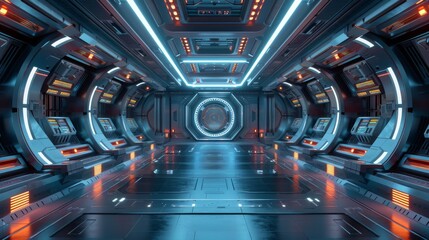 Spaceship interior architecture and podium for cyberpunk product presentation. Technology and Sci-Fi concept. 3D illustration.