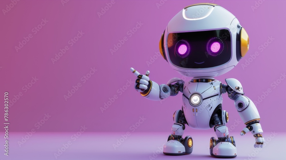 Poster isolated cute robot with pointing hand and winking eye over purple background. conceptual 3d renderi