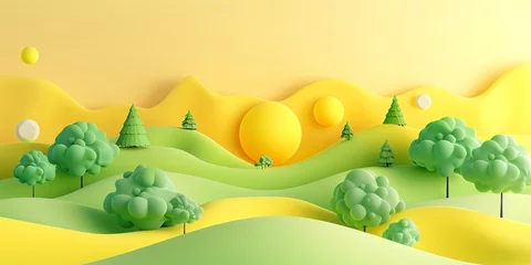 Rolgordijnen 3D render, illustration 16K cute landscape, earth day , gradient green background © rajagambar99