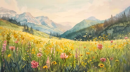 Alpine meadow in watercolors, wildflowers, mountain backdrop, golden hour