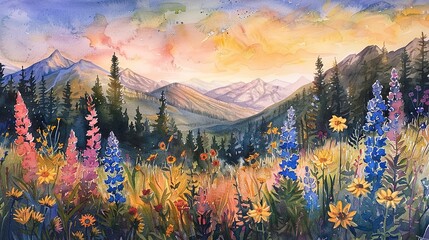 Alpine meadow in watercolors, wildflowers, mountain backdrop, golden hour 