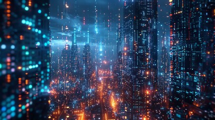An image of a smart city fabricated with cyberspace and metaverse digital data, the Internet and big data of cloud computing, and the analysis of 5G connection data. - obrazy, fototapety, plakaty