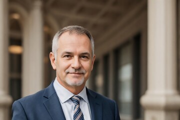 Fototapeta premium Male university professor standing with arms crossed confidently looking at the camera with copy space.