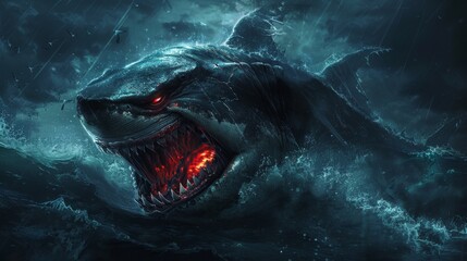 Fierce glowing-eyed shark emerging from ocean depths with open jaws in a tempestuous sea scene - obrazy, fototapety, plakaty