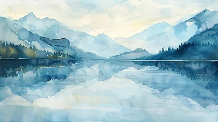 Fototapeten Serene lake by watercolor mountains, reflection, calm day, close-up view  © Thanthara