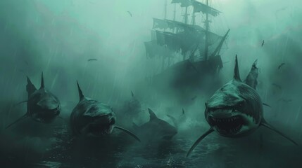 Surreal scene of sharks approaching a ghostly ship in a fog-shrouded underwater world
