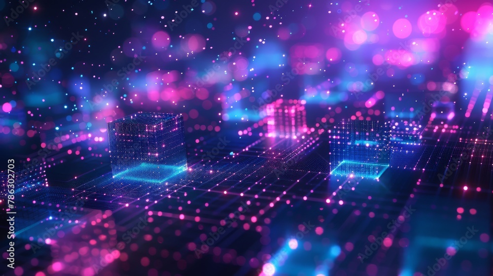 Fototapete Blue purple color glitch blockchain isometric and digital cloud network technology texture pattern background. Conceptual rendering of crypto systems in 3D.