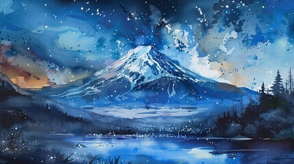 Nighttime watercolor of Mount Fuji under stars, gentle moonlight, peaceful - obrazy, fototapety, plakaty