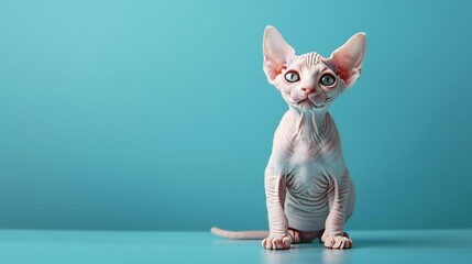 Minimalist portrait of sphynx kitten against blue background  precious hairless egyptian cat poses