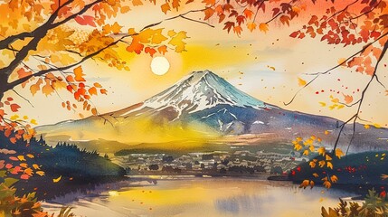 Watercolor Mount Fuji seen through autumn leaves, golden hour lighting 