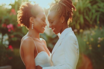 couple of two African American women, happy on their wedding da
