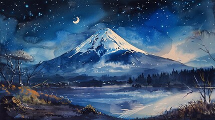 Nighttime watercolor of Mount Fuji under stars, gentle moonlight, peaceful