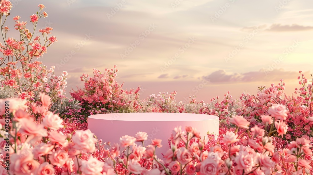 Poster beautiful natural backdrop of a spring rose flower field. 3d rendering....