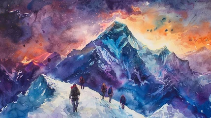 Selbstklebende Fototapeten Mount Everest in watercolor, sunrise hues, climbers ascending, vibrant © Thanthara