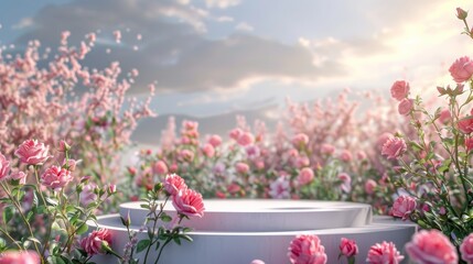 3D rendering of spring rose flower field backdrop with natural beauty.