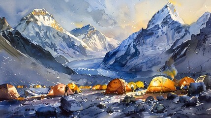 Watercolor view from Everest Base Camp, tents aglow, evening light  - obrazy, fototapety, plakaty