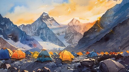 Watercolor view from Everest Base Camp, tents aglow, evening light --ar 16:9 Job ID: b8e81490-2e96-4e2f-a091-ab300d73cc74 - obrazy, fototapety, plakaty