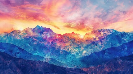 Watercolor sunrise over Andes Mountains, vibrant sky, peaceful valley  - obrazy, fototapety, plakaty