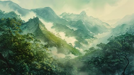 Misty watercolor of Andes peaks, lush greenery, early morning light 