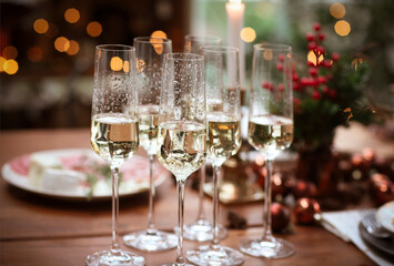 Glasses of sparkling wine on wooden table on Christmas