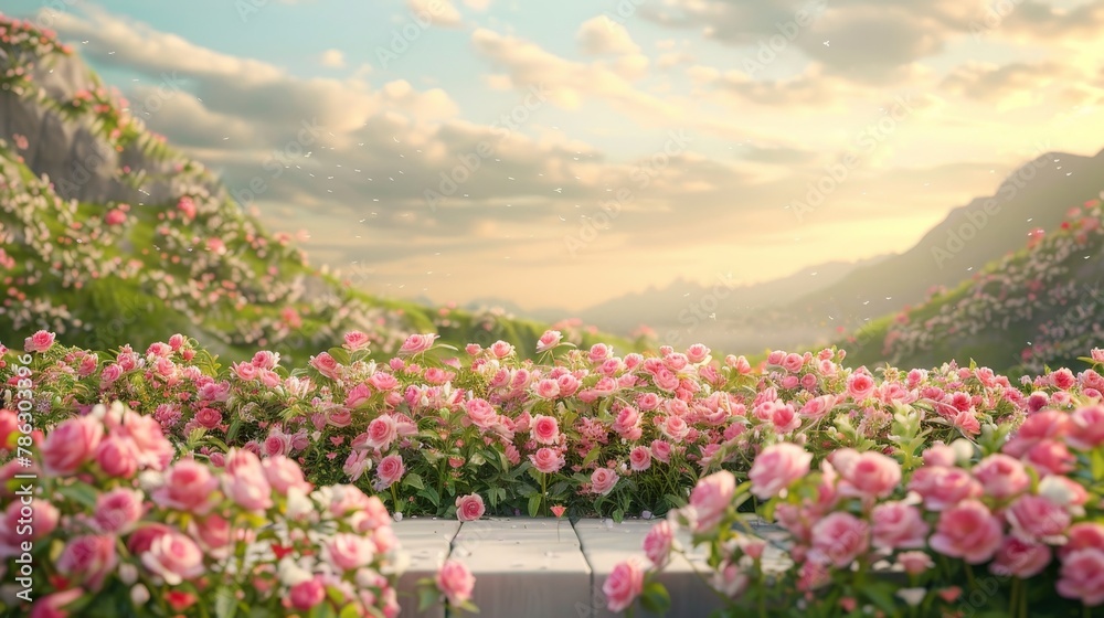 Aufkleber the natural beauty of a podium backdrop with a spring rose flower field scene. rendering in 3d.