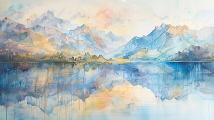 Tranquil lake in the Andes, watercolor, reflections, calm early morning