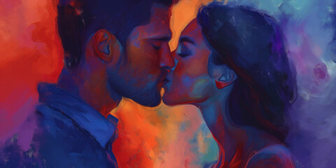 Passionate kiss between charming lovers. Colorfull image of loving couple. 2d Illustration digital painting.
- 786303346