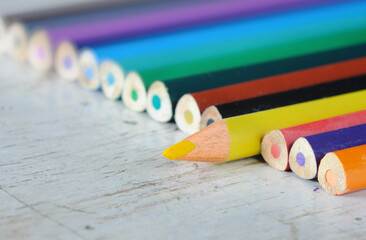 Crayons, colored pencil set arrangement with shallow depth of field, creativity,advertising...