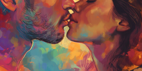 Passionate kiss between charming lovers. Colorfull image of loving couple. 2d Illustration digital painting.
- 786303578