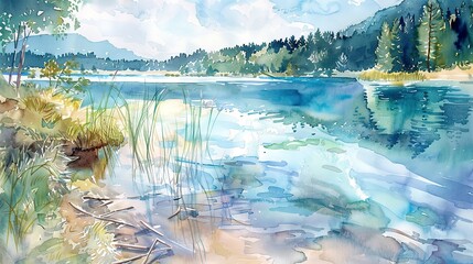 Alpine lake in watercolor, mirror-like reflection, tranquil summer afternoon - obrazy, fototapety, plakaty