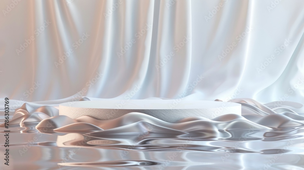 Poster Fashion podium backdrop with floating fabric and water ripples. 3D rendering...