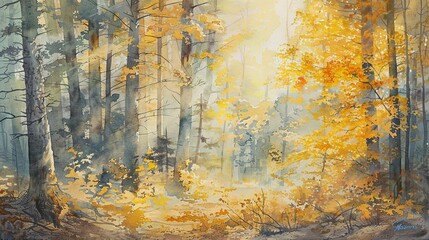 Naklejka premium Watercolor, Alpine forest in autumn, golden leaves, soft sunlight filtering through 