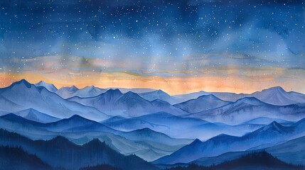 Watercolor of a clear starry night over the Alps, peaceful and vast - obrazy, fototapety, plakaty