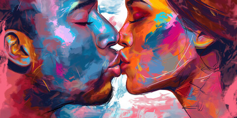 Passionate kiss between charming lovers. Colorfull image of loving couple. 2d Illustration digital painting.
 - obrazy, fototapety, plakaty
