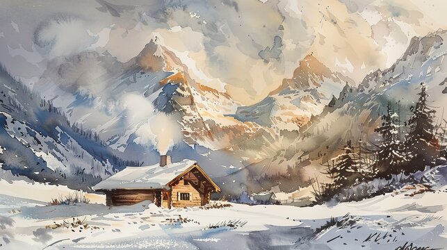 Tranquil watercolor of a cabin in the Alps, snowy scene, warm chimney smoke 