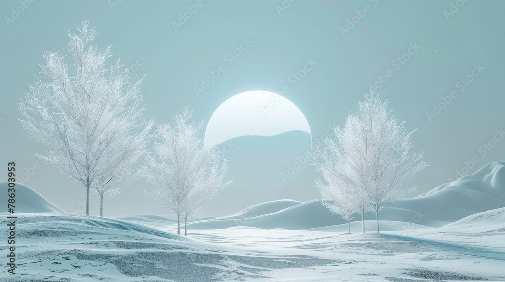 Poster an abstract winter landscape scene background. a surreal scene rendered in 3d.