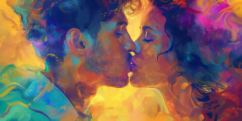 Passionate kiss between charming lovers. Colorfull image of loving couple. 2d Illustration digital painting.
- 786303922