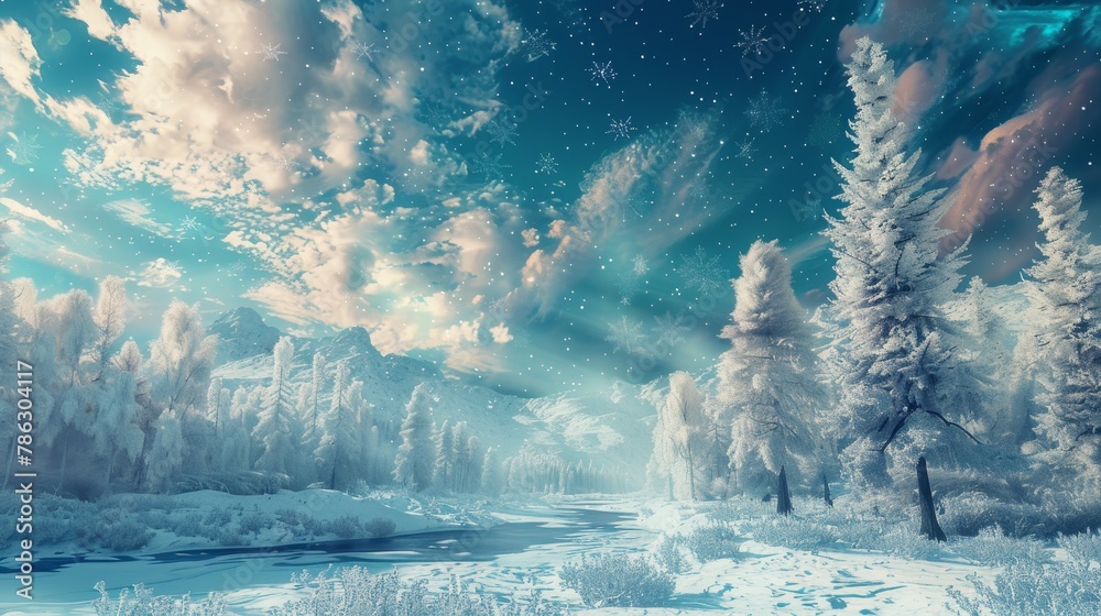 Poster Detailed 3D rendering of a winter landscape scene in abstract form.