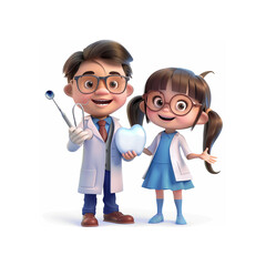 Kind pediatric dentist in full height, in a white coat, glasses, with instruments in his hands and a happy little girl beside him isolated on a white background - 786304142