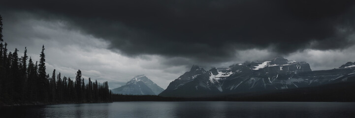 nature. cloudy nature. the gloomy forest. a lake in the mountains. grey clouds in the mountains. gloomy nature