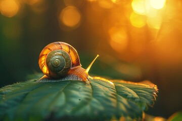 A snails silhouette against the verdant green of a leaf, the scene bathed in the golden light of dawn, showcasing tranquility