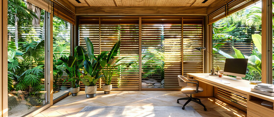 Fototapeta premium Home Interior with a View of a Lush Garden Through Open Windows, Blending Indoor Comfort with Natural Beauty