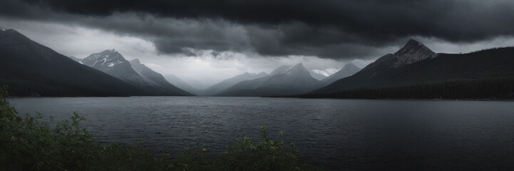 nature. cloudy nature. the gloomy forest. a lake in the mountains. grey clouds in the mountains. gloomy nature - Powered by Adobe