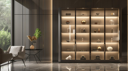 A modern cabinet featuring sleek lines and glass panels creating a contemporary showcase for your prized possessions.
