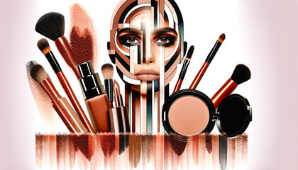 AI-generated illustration of makeup products, including brushes, foundation, and powder