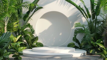 An elegant podium backdrop featuring tropical plants in summer. 3D rendering.