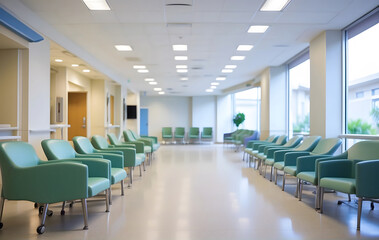 A serene and welcoming hospital waiting area adorned with clean chairs, fostering a tranquil and comfortable healthcare atmosphere