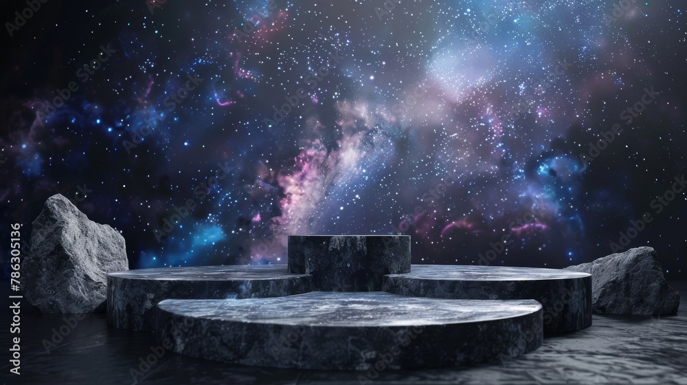 Aufkleber An abstract galaxy night scene on a stone podium backdrop is used as a backdrop for a product display.